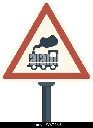 Red triangle traffic sign indicating a railroad crossing, warning drivers and pedestrians to be cautious Stock Vector