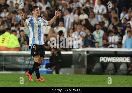 Argentina's forward Julian Alvarez celebrates after scoring the team’s third goal against Bolivia during the South American qualification football match for the FIFA World Cup 2026 at the Monumental stadium in Buenos Aires on October 15, 2024. Stock Photo