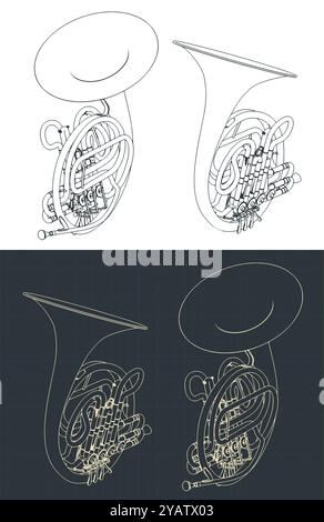 Stylized vector illustrations of isometric blueprints of a french horn Stock Vector