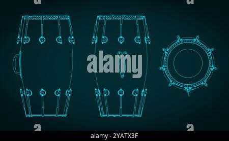 Stylized vector illustration of blueprints of a naal dholak drum Stock Vector