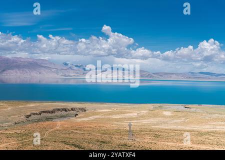 The sacred Manasarovar lake with blue transparent water in the mountains of Tibet under cloudy sky. Ngari scenery in West Tibet. Sacred place for Budd Stock Photo