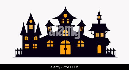 Spooky Halloween Haunted House Silhouette With Glowing Windows. Stock Vector