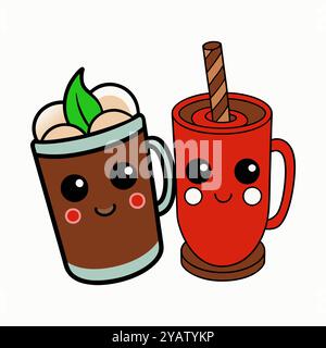Cute Cartoon Cups with Happy Faces and Hot Drinks.Perfect for themes of warmth, coziness, and friendship. Stock Vector