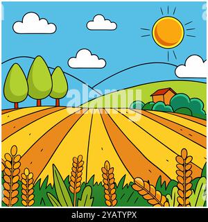 Colorful Cartoon Landscape of Wheat Field and Sunshine Stock Vector