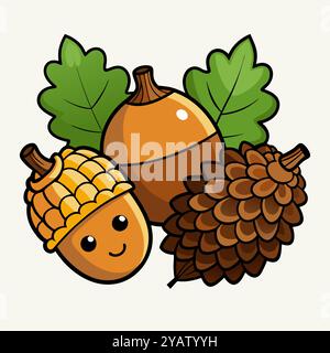 Cute Cartoon Style Autumn Acorns and Pinecone Illustration Stock Vector