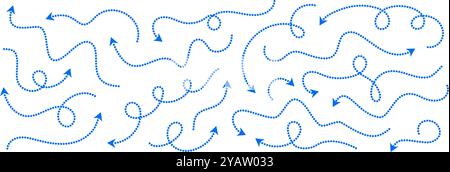 Comic dotted thin arrow set. Blue curved dashed pointer collection. Squiggle sketchy direction lines. Dots squiggle loop stripe design elements bundle for flyer, poster, brochure, banner. Vector Stock Vector