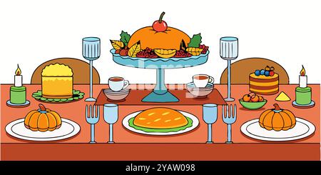 Thanksgiving Table Setting With Pumpkin Centerpiece. various desserts, and elegant tableware. Perfect for celebrating the harvest season and autumn Stock Vector