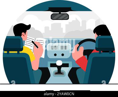 Driving School Vector Illustration Featuring the Educational Process of Car Training and Learning to Drive Obtain a Driver's License in a Background Stock Vector