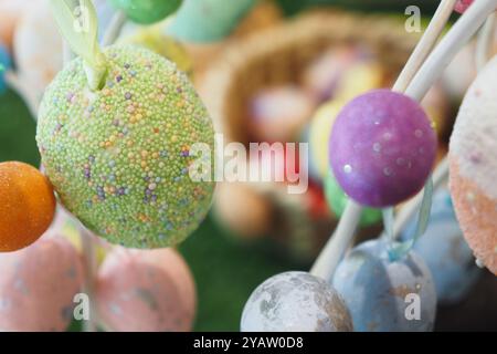 easter concept with multi color egg hanging on a decorative tree  Stock Photo