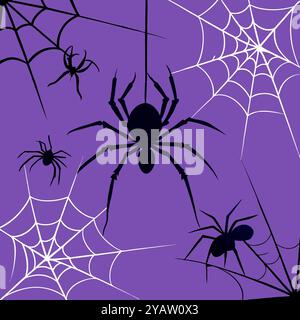 Halloween Spider Web Silhouette on Purple Background for Halloween-themed designs and spooky decorations. Stock Vector