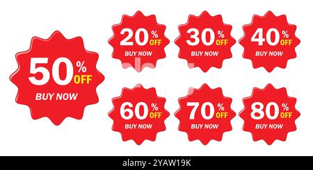 Different percent discount sticker discount price tag set. Red round speech bubble shape promote by now with sell off up 20, 30, 40, 50, 60, 70, 80. Stock Vector