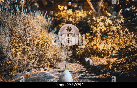 Rusty old carved welcome sign with shamrocks and a soft blurred de-focused yellow foliage background in spanish Stock Photo