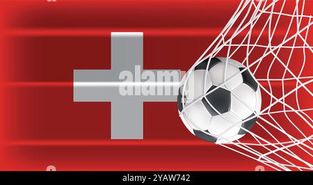 Soccer Football ball in Goal Net Isolated on Switzerland Shaded Flag, Sports Accessory Equipment for Playing Game, Championship and Competition Stock Vector