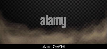 Dust clouds pollution. Flying sand or dirty smoke isolated on dark transparent background Stock Vector