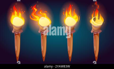 Torch fire set isolated on black background. Vector cartoon illustration of bright flame burning on wooden handle, ancient lantern for medieval palace, dungeon or cave illumination, castle torchlight Stock Vector