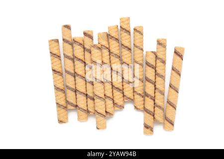 Wafer roll sticks cream rolls isolated on white background. Top view Stock Photo