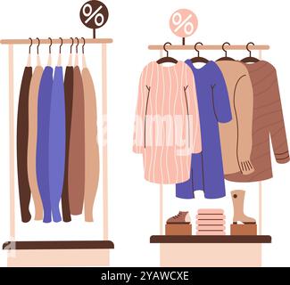 Store shopping sale. Fashionable clothes on hangers and shoes on rack. Consumerism, purchase concept, Black Friday. Isolated Vector illustration in fl Stock Vector