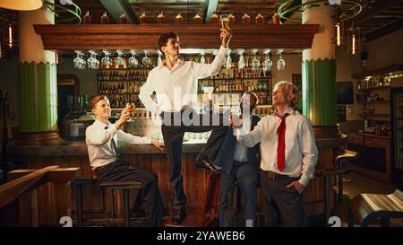 Casual night out, four colleagues in formal attire let loose at cozy bar, talking, laughing, and enjoying each other's company. Stock Photo