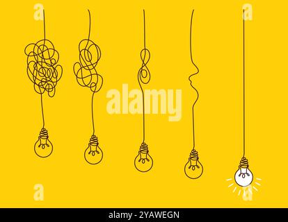 Solution concept of chaos in thoughts with hanging light bulbs with one glowing. Complex problem solving process in hand drawn style. Vector Stock Vector