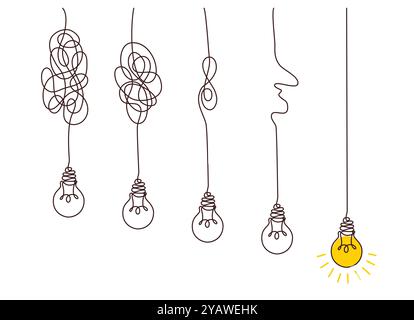 Solution concept of chaos in thoughts with hanging light bulbs with one glowing. Complex problem solving process in hand drawn style. Vector Stock Vector