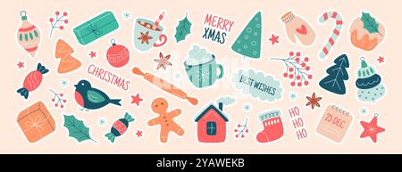 Christmas stickers set. Cute diary journal pack of xmas tree, mittens, hot drink, gifts, candy cane, winter quotes. Holiday planner elements, daily labels or decoration icons for scrapbook or notebook Stock Vector