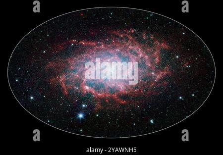 M33, also known as the Triangulum Galaxy, is a member of what's known as our Local Group of galaxies. M33 is one of the few galaxies that is moving toward the Milky Way despite the fact that space itself is expanding, causing most galaxies in the universe to grow farther and farther apart. When viewed with Spitzer's infrared eyes, this elegant spiral galaxy sparkles with colour and detail. Stars appear as glistening blue gems (many of which are actually foreground stars in our own galaxy), while dust in the spiral disk of the galaxy glows pink and red. Stock Photo