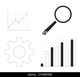 Business data analytics black and white 2D line objects set Stock Vector