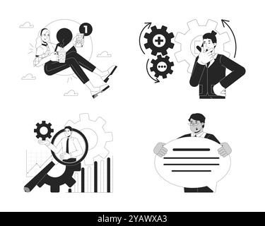 Digital business processes management black and white 2D concepts set Stock Vector