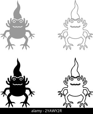 Axolotl ambystoma mexicanum front view set icon grey black color vector illustration image simple solid fill outline contour line thin flat style Stock Vector