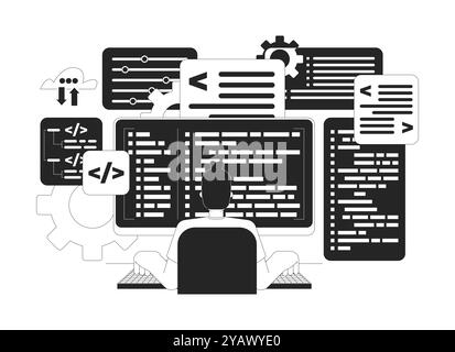 Software developer black and white 2D illustration concept Stock Vector