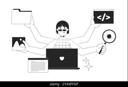 Full stack developer job black and white 2D illustration concept Stock Vector
