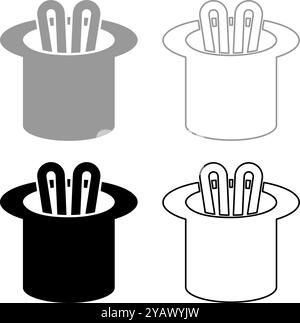 Hare ears in wizard's hat wizard conjure cylinder bunny rabbit appearing trick concept set icon grey black color vector illustration image simple Stock Vector