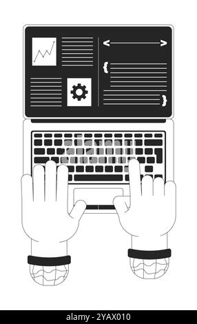 Split screen on laptop for programmer productivity black and white 2D illustration concept Stock Vector