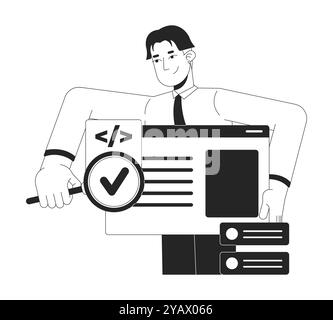 Tester searching bug in software black and white 2D illustration concept Stock Vector