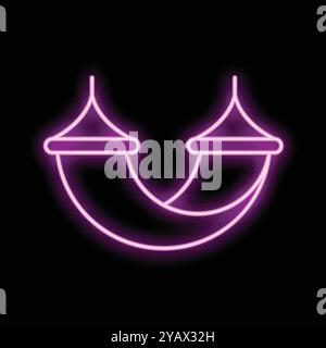 Neon sign of a hammock hanging between two palm trees glowing in pink light on black background Stock Vector