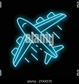 Bright blue neon airplane taking off on a black background Stock Vector