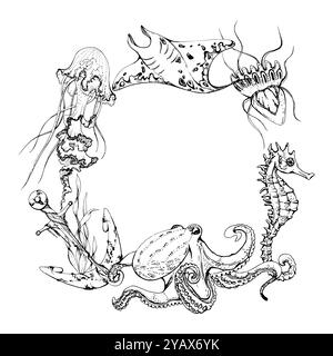 Marine life, sea ocean underwater creatures fish, shells algae seaweed, Ink and pen sketch hand drawn. Border frame illustration, stylized, isolated Stock Vector