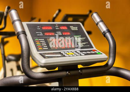 treadmill at the gym close up on the handles and control panel Stock Photo