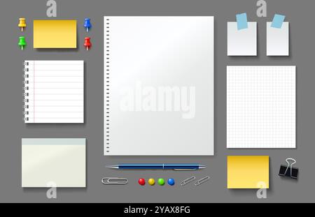Notebook and note paper sheets, office supplies. Vector Stock Vector