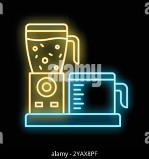 Glowing neon icon of a blender filled with chopped fruits and a measuring cup, both sitting on a countertop Stock Vector