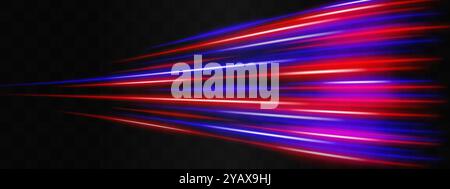 Speed effect. Curved red and blue neon light streaks flowing across a dark background, creating a dynamic and futuristic look Stock Vector