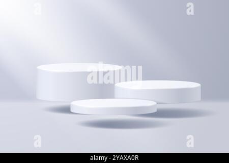 Collection of podiums levitating in space against the background of a fog illuminated by rays of sunlight. Minimalistic abstract scene. Vector illustr Stock Vector