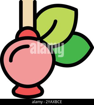 Bright, colorful vector illustration of a candy apple covered in red candy coating on a stick with two green leaves Stock Vector