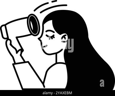 A cartoon girl holding a hair dryer and looking up Stock Vector