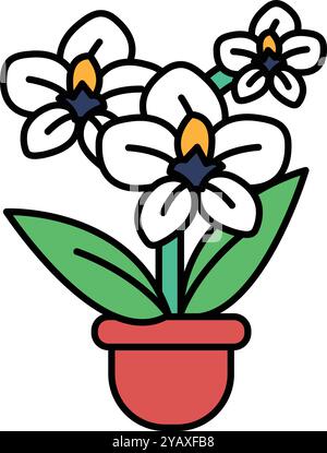 A cartoon drawing of a flower pot with three white flowers in it. The flowers are drawn in a stylized way, with the petals and leaves all drawn in the Stock Vector