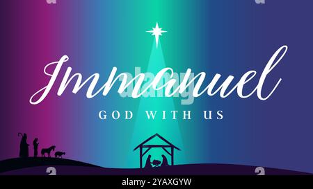 Immanuel, God with us - text and Bethlehem star Christmas scene poster. Vector silhouettes shepherds, sheeps, Mary, Joseph and Jesus in manger Stock Vector