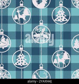 Christmas checkered plaid vector seamless pattern. Winter holidays buffalo plaid quilt with bauble stencils. Christmas tartan fabric texture backgroun Stock Vector