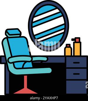 A blue chair is in front of a mirror. The chair is in a barbershop Stock Vector