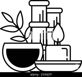 A drawing of a candle, a bowl, and a plant Stock Vector