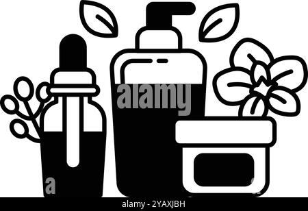 A collection of beauty products including a bottle of lotion, a bottle of perfume, and a bottle of oil Stock Vector